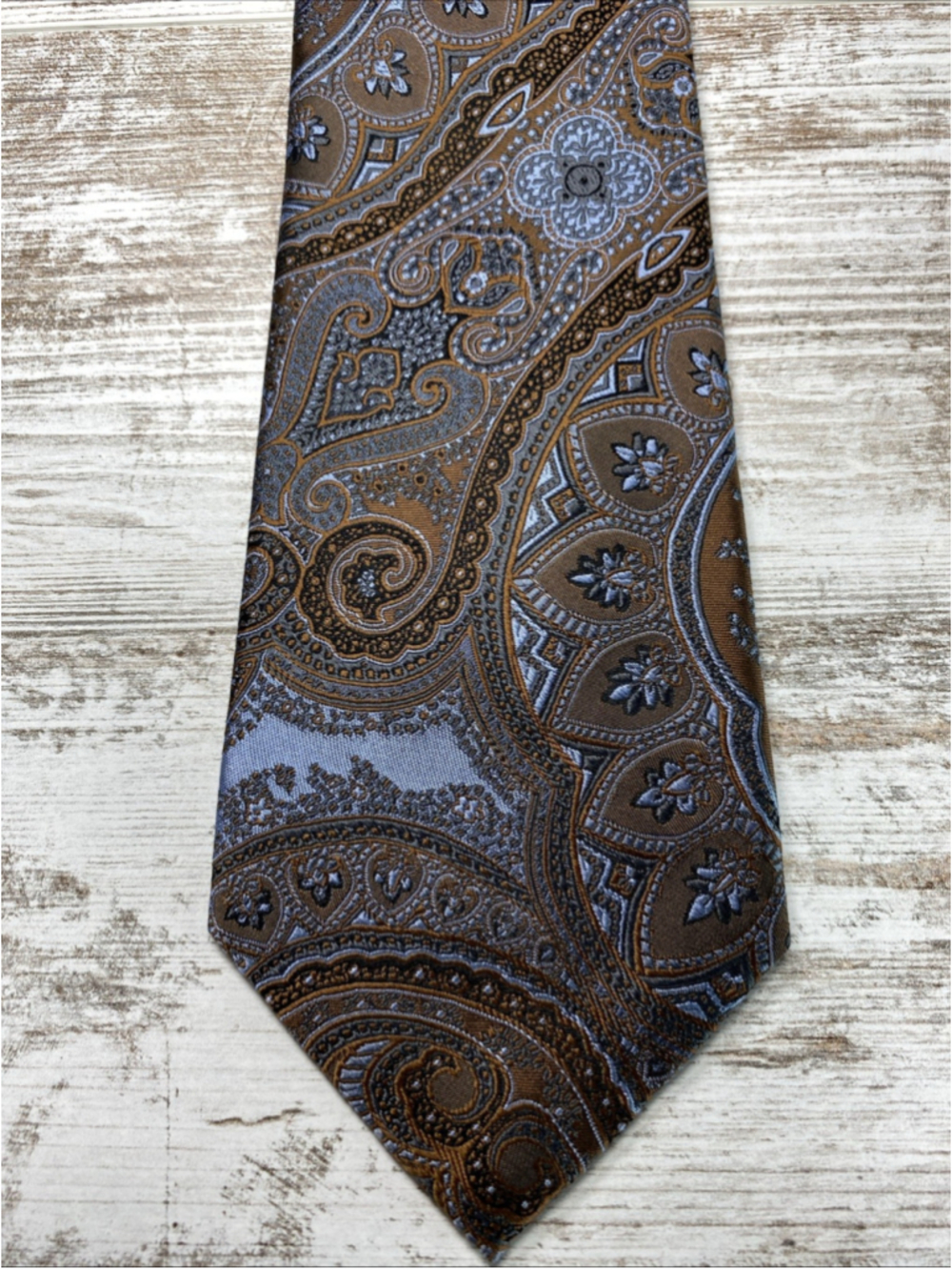 Pronto Uomo Blue Brown Paisley Silk Blend Necktie 59”x 3.75” Classic Wide Tie